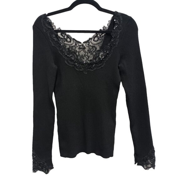 VTG Y2K Cache Womens Sweater Medium Black Lace Beaded Fairy Whimsygoth Pullover - Picture 1 of 9